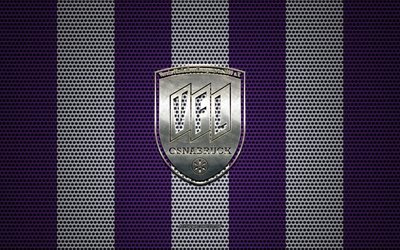 Vfl Osnabrueck logo, German football club, metal emblem, violet-white metal mesh background, Vfl Osnabrueck, 2 Bundesliga, Osnabruck, Germany, football