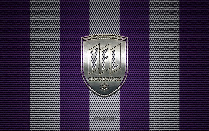 vfl osnabr&#252;ck logo, deutscher fu&#223;ball-club, metall-emblem, violett-wei&#223;en metall mesh-hintergrund, vfl osnabr&#252;ck, 2 bundesliga, osnabr&#252;ck, deutschland, fu&#223;ball