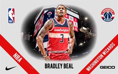 Bradley Beal, Washington Wizards, Amerikkalainen Koripalloilija, NBA, muotokuva, USA, koripallo, Capital One Arena, Washington Wizards-logo