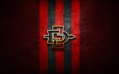 San Diego State Aztecs, de oro del logotipo, de la NCAA, de metal rojo de fondo, american football club, San Diego State Aztecs logotipo, f&#250;tbol americano, estados UNIDOS