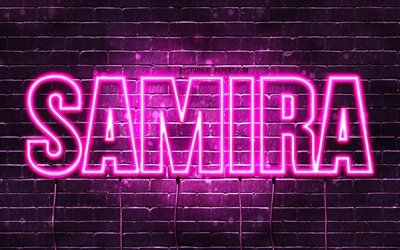 Samira, 4k, fondos de pantalla con los nombres, los nombres femeninos, Samira nombre, p&#250;rpura luces de ne&#243;n, Feliz Cumplea&#241;os Samira, una imagen con el nombre Samira