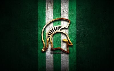 Michigan State Spartans, golden logo, NCAA, green metal background, american football club, Michigan State Spartans logo, american football, USA