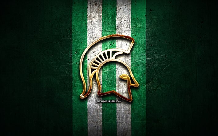 Michigan State Spartans, kultainen logo, NCAA, vihre&#228; metalli tausta, american football club, Michigan State Spartans logo, amerikkalainen jalkapallo, USA