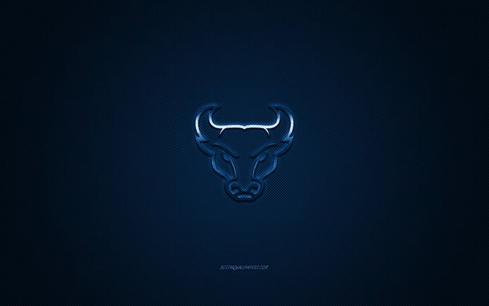 Buffalo Bulls logo, American football club, NCAA, blue logo, blue carbon fiber background, American football, Buffalo, New York, USA, Buffalo Bulls