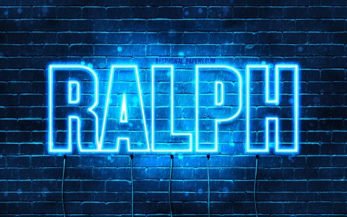 Ralph, 4k, pap&#233;is de parede com os nomes de, texto horizontal, Ralph nome, Feliz Anivers&#225;rio, luzes de neon azuis, imagem com Ralph nome