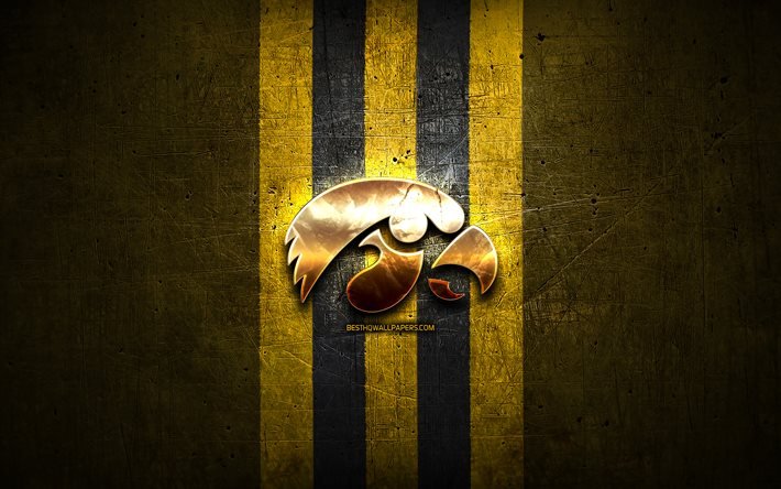 Iowa Hawkeyes, golden logotyp, NCAA, gul metall bakgrund, amerikansk football club, Iowa Hawkeyes logotyp, amerikansk fotboll, USA