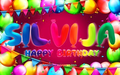 お誕生日おめでSilvija, 4k, カラフルバルーンフレーム, Silvija名, 紫色の背景, Silvijaお誕生日おめで, Silvija誕生日, 人気ブルガリアの女性の名前, 誕生日プ, シルビア