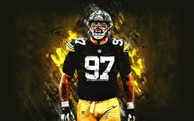 Cameron Heyward, Pittsburgh Steelers, NFL, yellow stone background, portrait, creative art, American football, National Football League