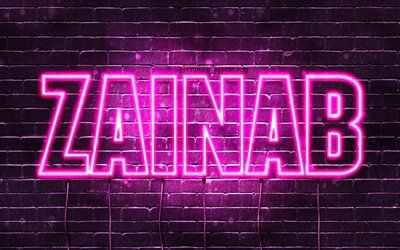 Zainab, 4k, wallpapers with names, female names, Zainab name, purple neon lights, Happy Birthday Zainab, picture with Zainab name
