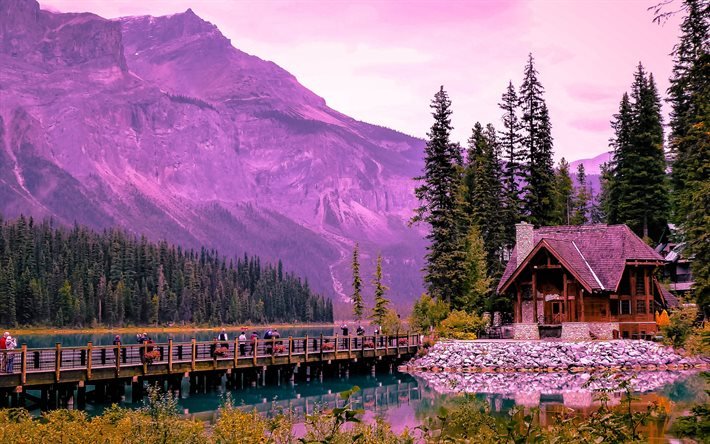 Lago smeraldo, sera, tramonto, lago di montagna, paesaggio di montagna, Alberta, Canada