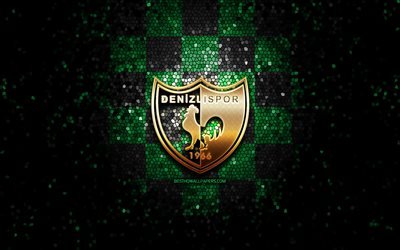 Denizlispor FC, glitter logotipo, Super League Turca, verde preto fundo quadriculado, futebol, Denizlispor, turco futebol clube, Denizlispor logotipo, arte em mosaico, A turquia