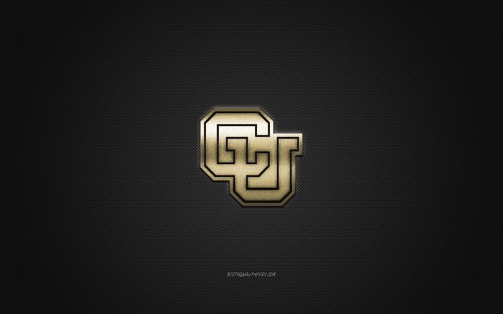 Colorado Buffaloes logo, American football club, NCAA, golden logo, gray carbon fiber background, American football, Boulder, Colorado, USA, Colorado Buffaloes