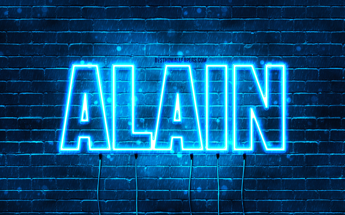 Happy Birthday Alain, 4k, blue neon lights, Alain name, creative, Alain Happy Birthday, Alain Birthday, popular french male names, picture with Alain name, Alain