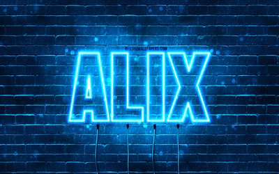 feliz anivers&#225;rio alix, 4k, luzes de neon azuis, alix nome, criativo, alix feliz anivers&#225;rio, alix anivers&#225;rio, nomes masculinos franceses populares, imagem com nome alix, alix