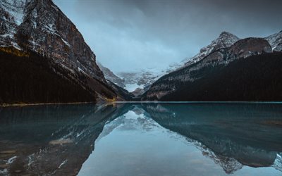 lake louise, 4k, lac glaciaire, soir&#233;e, coucher de soleil, paysage de montagne, alberta, banff national park, lac turquoise, canada