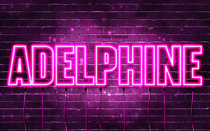 buon compleanno adelphine, 4k, luci al neon rosa, nome adelphine, creativo, compleanno adelphine, nomi femminili francesi popolari, foto con nome adelphine, adelphine