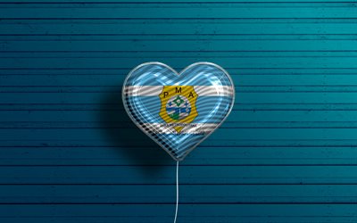 I Love Ananindeua, 4k, realistic balloons, blue wooden background, Day of Ananindeua, brazilian cities, flag of Ananindeua, Brazil, balloon with flag, cities of Brazil, Ananindeua flag, Ananindeua