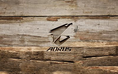 logotipo de madera de aorus, 4k, fondos de madera, marcas, logotipo de aorus, creativo, tallado en madera, aorus