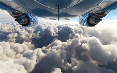 Airbus A320neo, aircraft engines, aircraft bottom view, sky, clouds, A320neo, passenger aircraft, Airbus