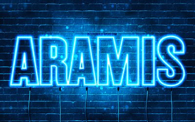 Happy Birthday Aramis, 4k, blue neon lights, Aramis name, creative, Aramis Happy Birthday, Aramis Birthday, popular french male names, picture with Aramis name, Aramis