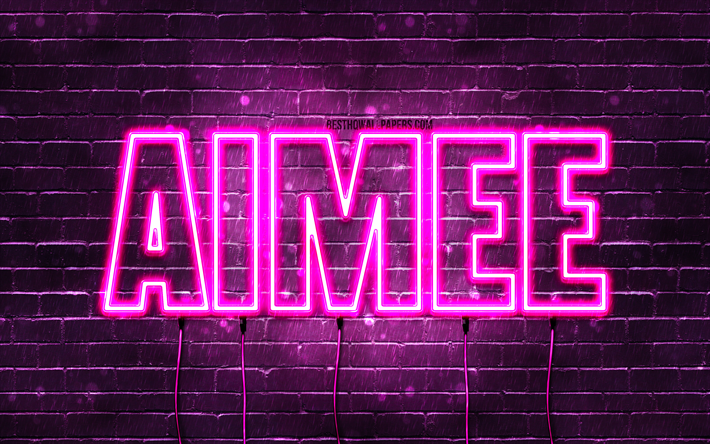 Happy Birthday Aimee, 4k, pink neon lights, Aimee name, creative, Aimee Happy Birthday, Aimee Birthday, popular french female names, picture with Aimee name, Aimee