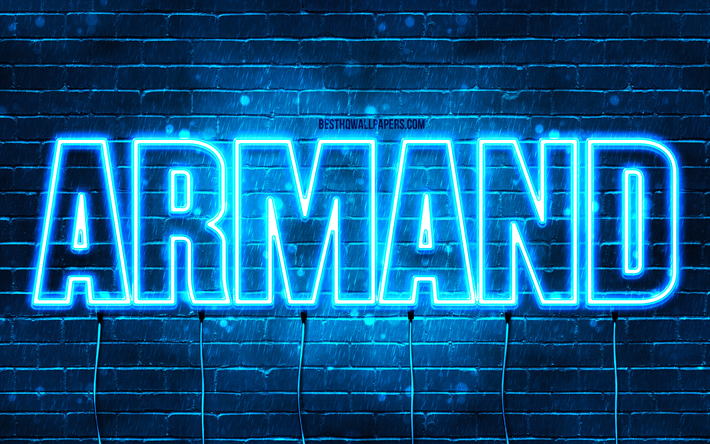 Happy Birthday Armand, 4k, blue neon lights, Armand name, creative, Armand Happy Birthday, Armand Birthday, popular french male names, picture with Armand name, Armand