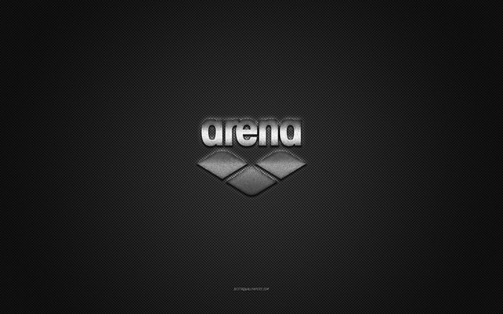 Arena logo, silver shiny logo, Arena metal emblem, gray carbon fiber texture, Arena, brands, creative art, Arena emblem