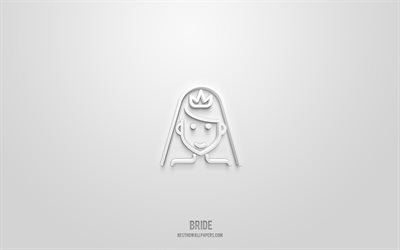 Bride 3d icon, white background, 3d symbols, Bride, wedding icons, 3d icons, Bride sign, wedding 3d icons
