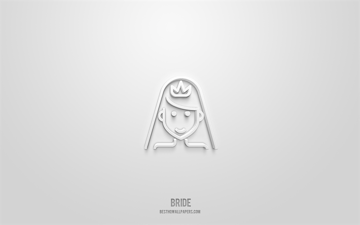Bride 3d icon, white background, 3d symbols, Bride, wedding icons, 3d icons, Bride sign, wedding 3d icons