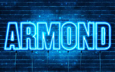 Happy Birthday Armond, 4k, blue neon lights, Armond name, creative, Armond Happy Birthday, Armond Birthday, popular french male names, picture with Armond name, Armond
