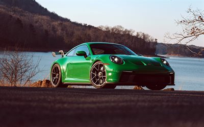 2022, Porsche 911 GT3, 4k, front view, exterior, green coupe, green 911 GT3, German sports cars, Porsche
