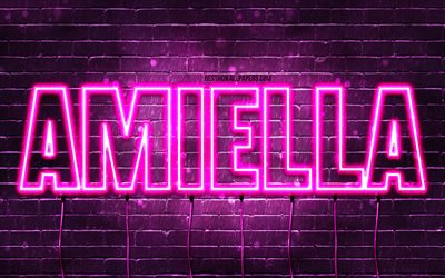 buon compleanno amiella, 4k, luci al neon rosa, nome amiella, creativo, compleanno amiella, nomi femminili francesi popolari, foto con nome amiella, amiella