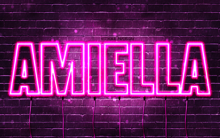 Happy Birthday Amiella, 4k, pink neon lights, Amiella name, creative, Amiella Happy Birthday, Amiella Birthday, popular french female names, picture with Amiella name, Amiella