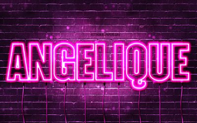 buon compleanno angelique, 4k, luci al neon rosa, nome angelique, creativo, angelique happy birthday, angelique birthday, nomi femminili francesi popolari, foto con nome angelique, angelique
