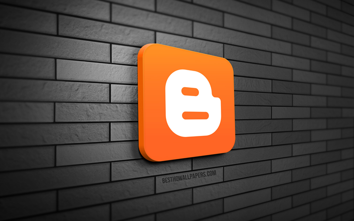 Blogger 3D logo, 4K, gray brickwall, creative, social networks, Blogger logo, 3D art, Blogger