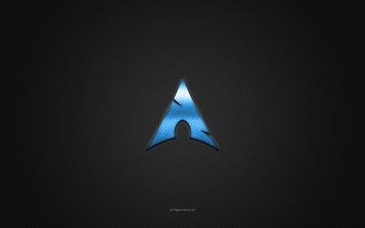 logo arch linux, logo blu lucido, emblema in metallo arch linux, struttura in fibra di carbonio grigia, arch linux, marchi, arte creativa, emblema arch linux, linux