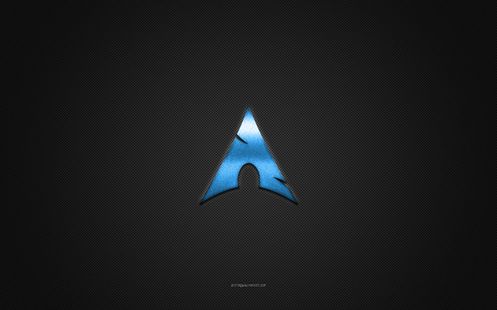 Arch Linux logo, blue shiny logo, Arch Linux metal emblem, gray carbon fiber texture, Arch Linux, brands, creative art, Arch Linux emblem, Linux