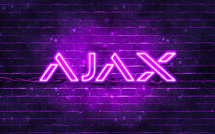 logo viola ajax systems, 4k, muro di mattoni viola, logo ajax systems, marchi, logo neon ajax systems, ajax systems