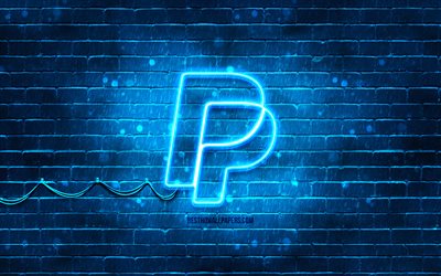 PayPal blue logo, 4k, blue brickwall, PayPal logo, payment systems, PayPal neon logo, PayPal