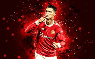 Cristiano Ronaldo, 4k, Manchester United FC, red neon lights, goal, football stars, CR7, Manchester United, Cristiano Ronaldo Manchester United, CR7 Man United, Cristiano Ronaldo 4K