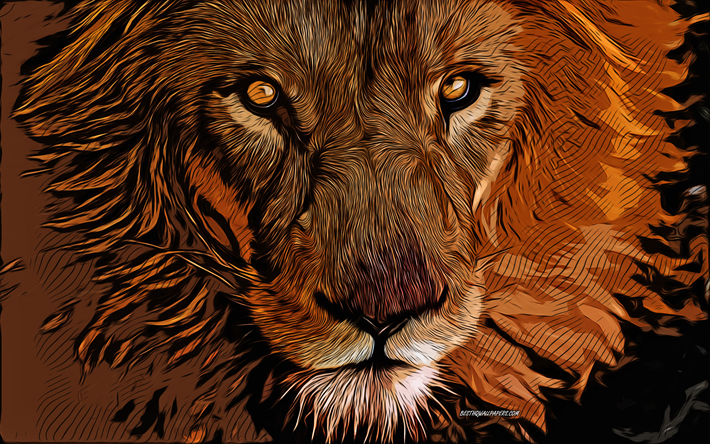aslan, vahşi kediler, 4k, vekt&#246;r sanatı, aslan &#231;izimi, aslan g&#246;zleri, yaratıcı sanat, aslan sanatı, vekt&#246;r &#231;izim, soyut hayvanlar, aslan &#231;izimleri