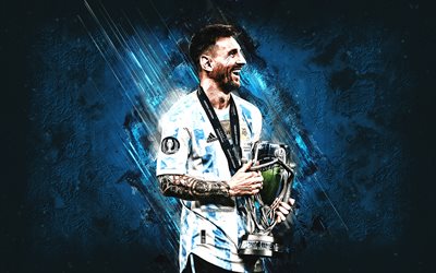 Lionel Messi, Argentina national football team, Argentine football player, Messi with cup, blue stone background, Argentina, football, Leo Messi, grunge art