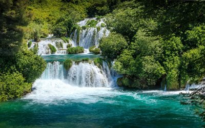 Waterfall, forest, lake, Plitvice Lakes, Croatia