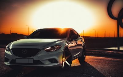Mazda 6, coucher de soleil, tuning, blanc, Mazda, voitures japonaises