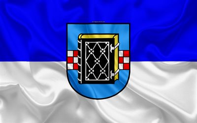 Flag of Bochum, 4k, silk texture, white blue silk flag, coat of arms, German city, Bochum, Germany