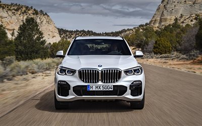 BMW X5, 2019, 4k, vista de frente, blanco SUV, blanco nuevo X5, los coches alemanes, BMW