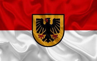 Bandera de Dortmund, 4k, de seda, de textura, de color rojo de seda blanca de la bandera, escudo de armas, de la ciudad alemana de Dortmund, Alemania