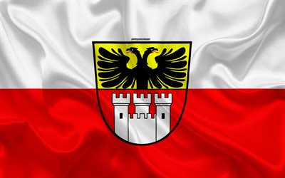 Flag of Duisburg, 4k, silk texture, red white silk flag, coat of arms, German city, North Rhine-Westphalia, Duisburg, Germany, symbols