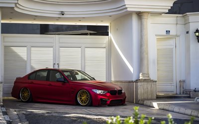BMW M3, 2018, F80, purple matte m3, sports sedan, tuning M3, gold wheels, German cars, BMW