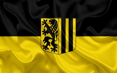 Flag of Dresden, 4k, silk texture, black silk yellow flag, coat of arms, German city, Dresden, Saxony, Germany, symbols